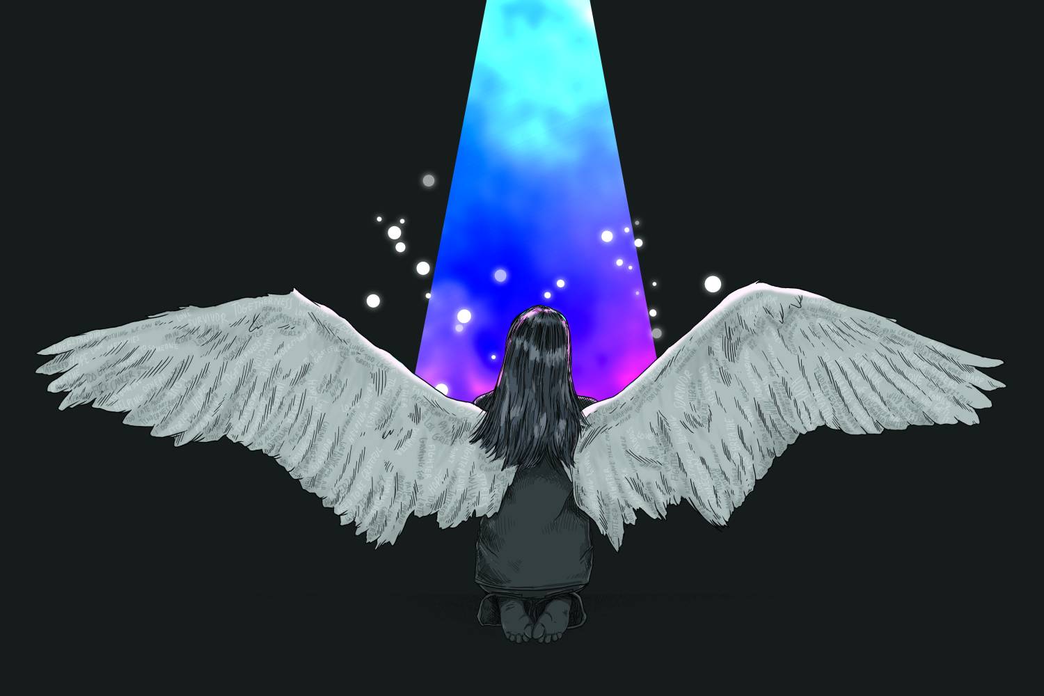 Illustration of a person with long hair facing away from us, kneeling, barefoot. They have white wings outstretched. There is a ray of multicolored light coming down from the top of the frame. Floating light circles of various sizes surround the beam of light.