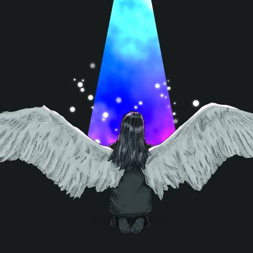 Illustration of a person with long hair facing away from us, kneeling, barefoot. They have white wings outstretched. There is a ray of multicolored light coming down from the top of the frame. Floating light circles of various sizes surround the beam of light.