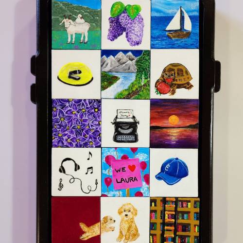 Artist Lindsay Patton's piece, "Good Mem-ories," which shows tiny paintings arranged in a grid with a frame that resembles a smartphone.