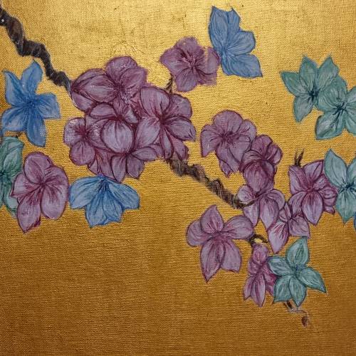 Alejandro Lopez' piece, "3 Colors," which features pink, blue and green flowers with a gold background.