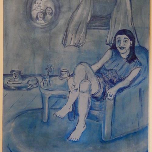Theresa Bond's piece, "Only Blue Skies From Now On,” featuring a woman relaxing in a chair.