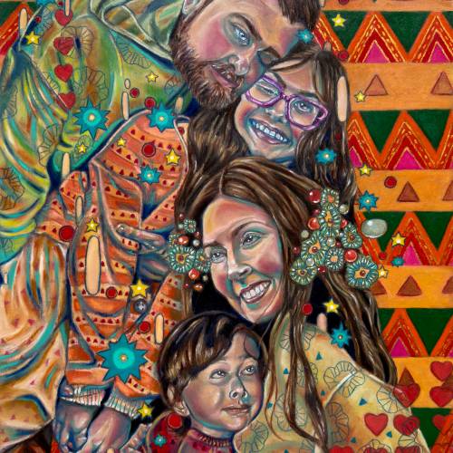 Danielle Renee Whitehead's piece, "Familia," which features two parents and two children with bright, geometric shapes surrounding them.