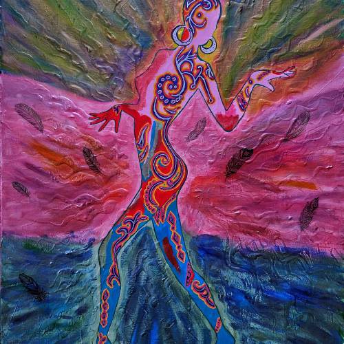 Artist Lena Snow's piece, "Spirit Dancer," which features a colorful outline of her inspiration.