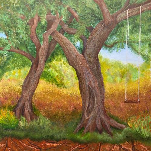 Rachel Gingold's Brushes with Cancer piece, "Strength in Connection," which features two trees leaning into each other with their root systems shown underneath them