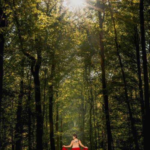 Artist Tanja Pleis' piece, "Awakening," which features Inspiration Fleurette standing in the woods, back to the camera and with a red shawl wrapped around her body.